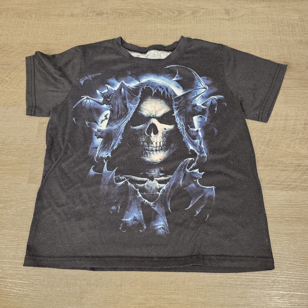 Skull And Bats Horror Shirt Youth Large Reaper Skeleton Graphic Halloween